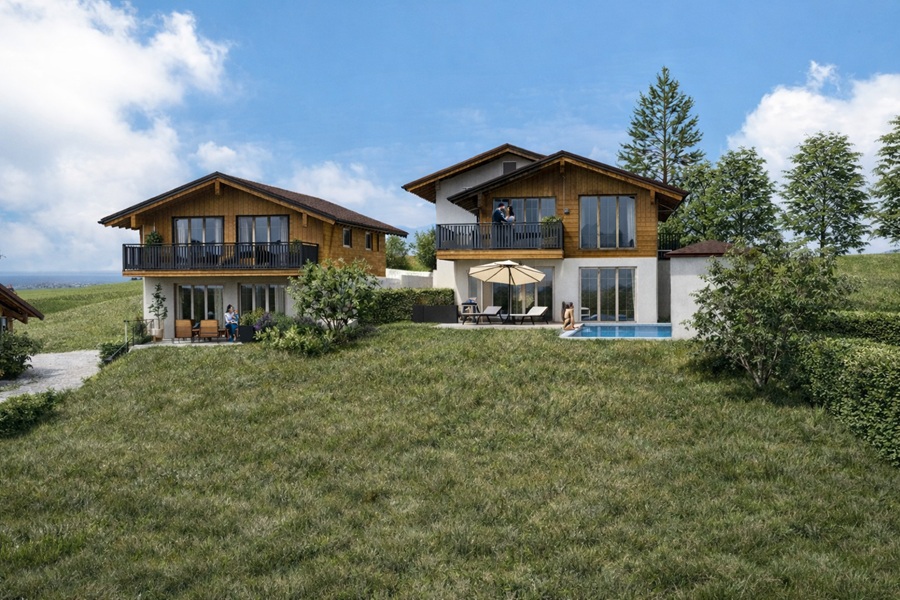 Grundstück am Chiemsee kaufen: Rarität in Hittenkirchen Visualisierung zweier Wohnhäuser mit Holzfassade in Hittenkirchen am Chiemsee.