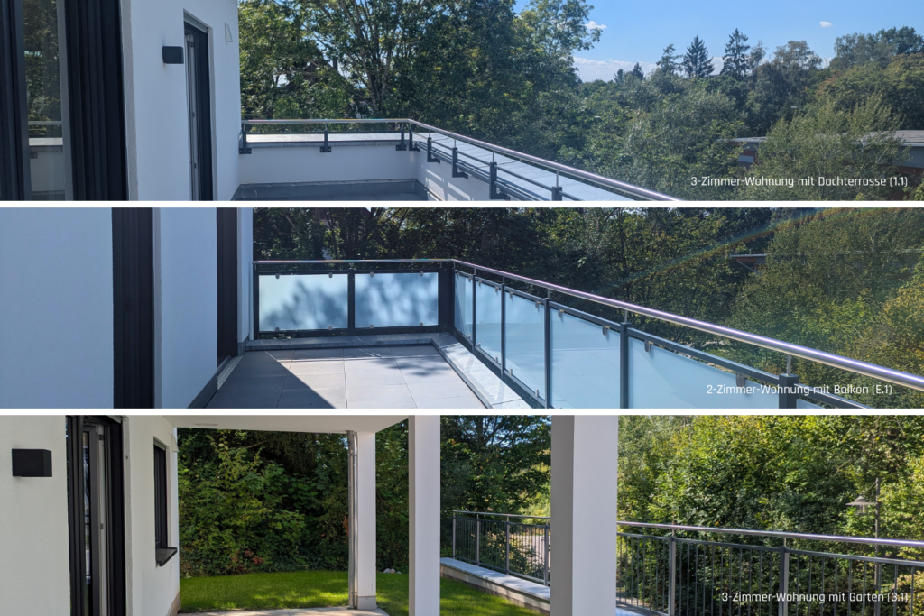 Ausblicke ins Grüne – Freie Wohnungen in Mitterfels Eine Collage aus drei Bildern, die verschiedene Ausblicke ins Grüne aus freien Wohnungen in Mitterfels zeigt. Das oberste Bild zeigt eine Dachterrasse mit Blick auf Bäume. Das mittlere Bild zeigt einen Balkon mit Blick auf Bäume. Das unterste Bild zeigt einen Garten mit Blick auf Bäume.