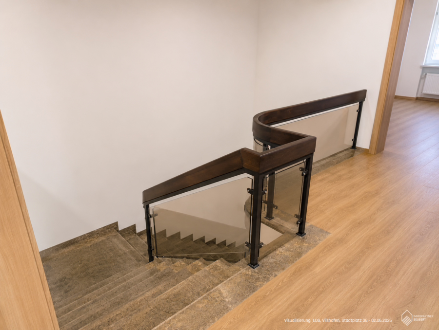 Umbaumaßnahmen durch Vermieter möglich ! Büro, Praxis mit großem Schaufenster in der Innenstadt ! - Visualisierung Treppenabgang, 1.OG, Vilshofen, Stadtplatz 36 - 02.06.2026 (59962)