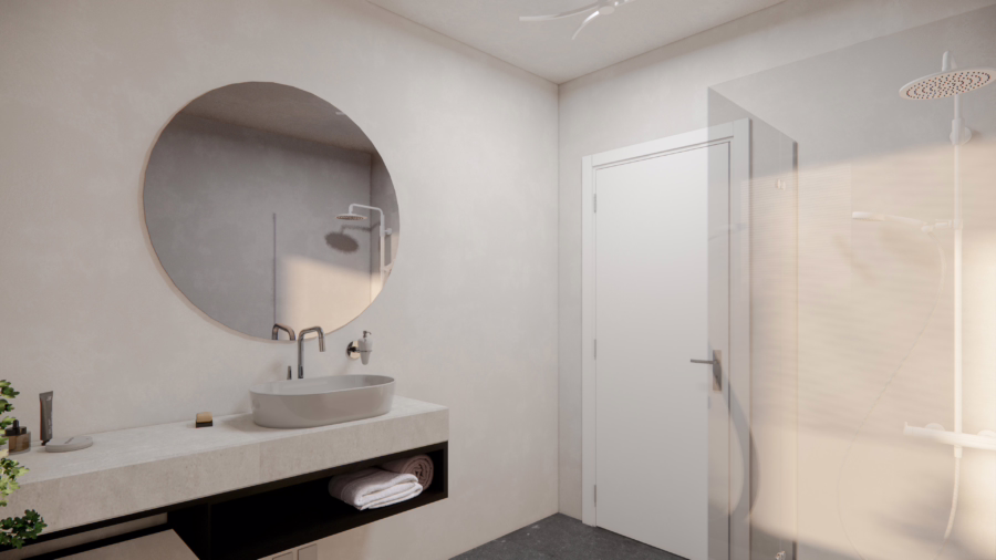 Neuwertige Etagenwohnung (KFW 70 Stand) mit Aufzug und zwei Balkone! - Bad (61897)
