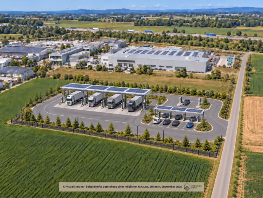 Option: Wir bauen Ihre Wunschimmobilie – Teilbar ab 2.000 m² geeignet fĂĽr Halle, Handel, etc - Visualisierung, Steinach - 2026 - Hypercharger - E-Tankstelle (69592)