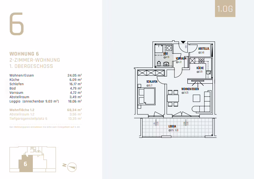 Barrierefreie 2-Zimmer Wohnung (inkl. EBK) mit Loggia in ruhiger Lage - Grundriss Wohnung 6 (72246)