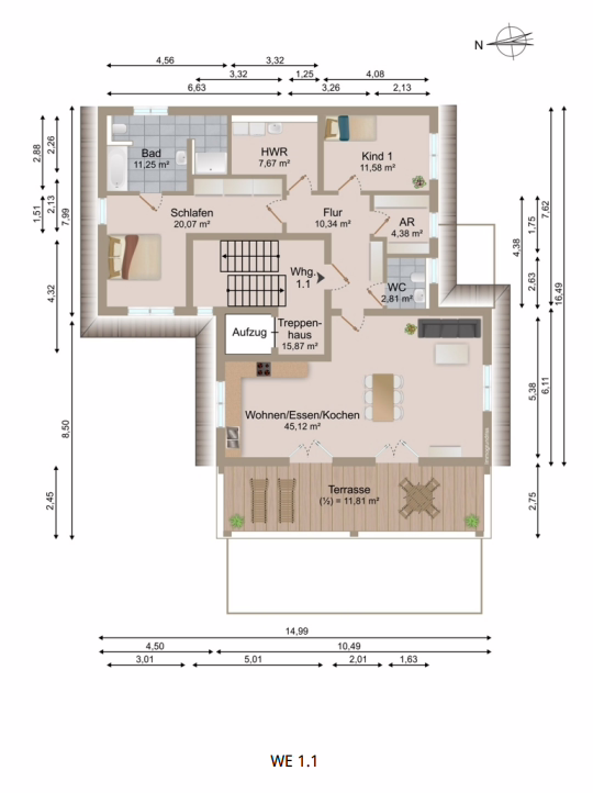 JETZT AFA 5% sichern! Neubauwohnung mit Aufzug und großer Dachterrasse! - Grundriss 1.1 (47618)