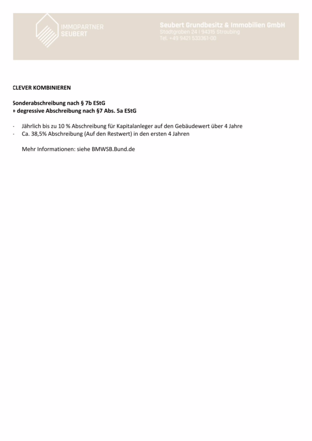 Neubau KFW 40 QNG Energieeffizienzhaus mit acht Wohneinheiten in der Kernstadt Straubing! - Übersicht Abschreibungsmöglichkeiten (2) (47788)