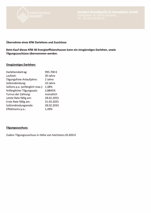 Neubau KFW 40 QNG Energieeffizienzhaus mit acht Wohneinheiten in der Kernstadt Straubing! - Übersicht Darlehen und Zuschüsse (47786)