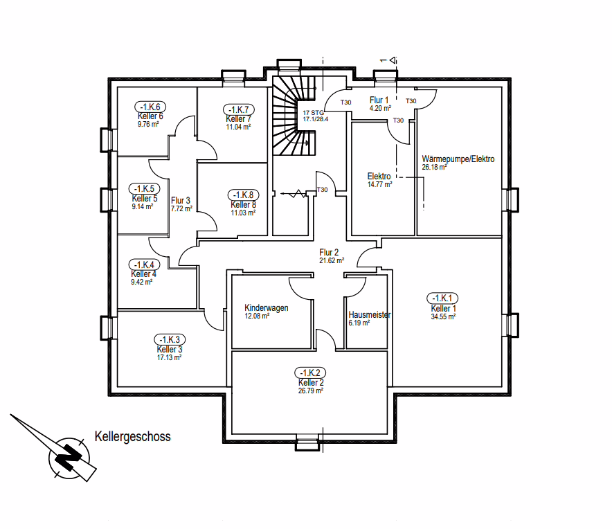 Neubau KFW 40 QNG Energieeffizienzhaus mit acht Wohneinheiten in der Kernstadt Straubing! - Untergeschoss (47804)
