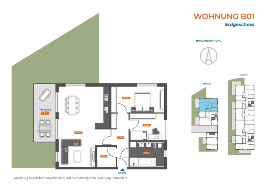 Neubauwohnung mit Garten, Einbauküche, Badewanne/Dusche nahe der Innenstadt! - Grundriss B01 (62513)