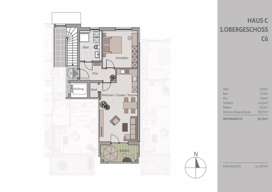 KFW Energieeffizienzhaus! Neuwertige 2-Zimmer Etagenwohnung mit großem Balkon! - Grundriss C6 (63496)