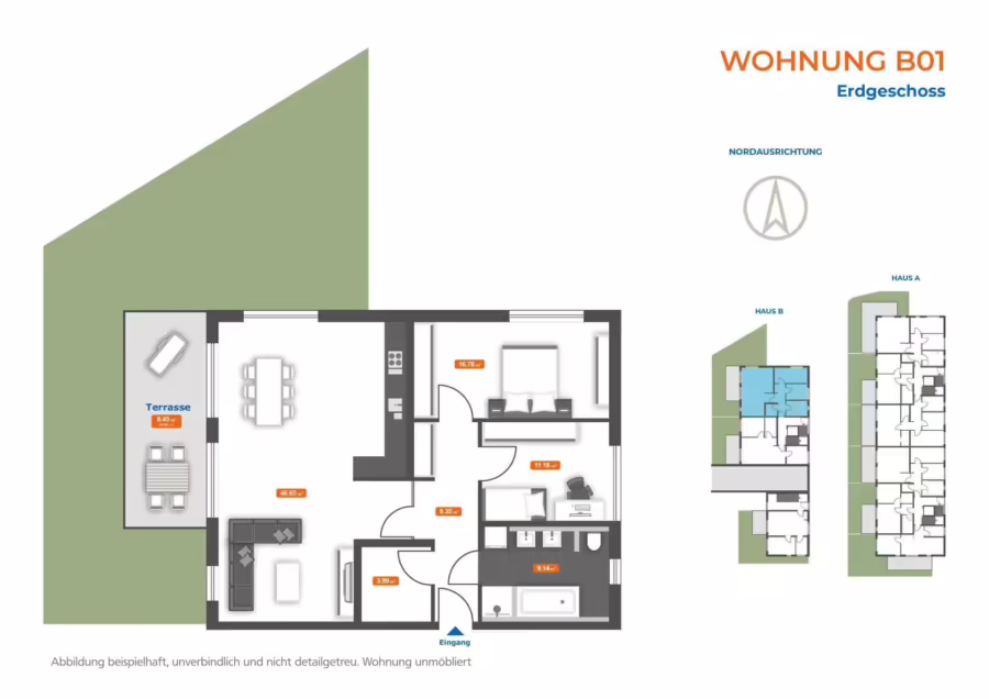 Neubauwohnung mit Garten, EinbaukĂĽche, Badewanne/Dusche nahe der Innenstadt! - Grundriss B01 (69674)
