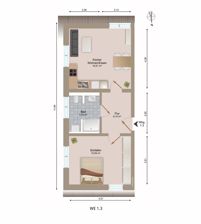 Neubauwohnung mit Aufzug im KFW 55 Stand! - Grundriss 1.3 (59552)